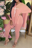 Pink Fashion Casual Print Slit V Neck Long Sleeve Two Pieces