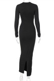 Black Fashion Sexy Solid Hollowed Out V Neck Long Sleeve Dresses