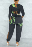 Dark Gray Sexy Letter Print Hollowed Out Patchwork Zipper Zipper Collar Long Sleeve Three Pieces