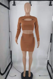 Black Sexy Solid Hollowed Out O Neck Long Sleeve Two Pieces