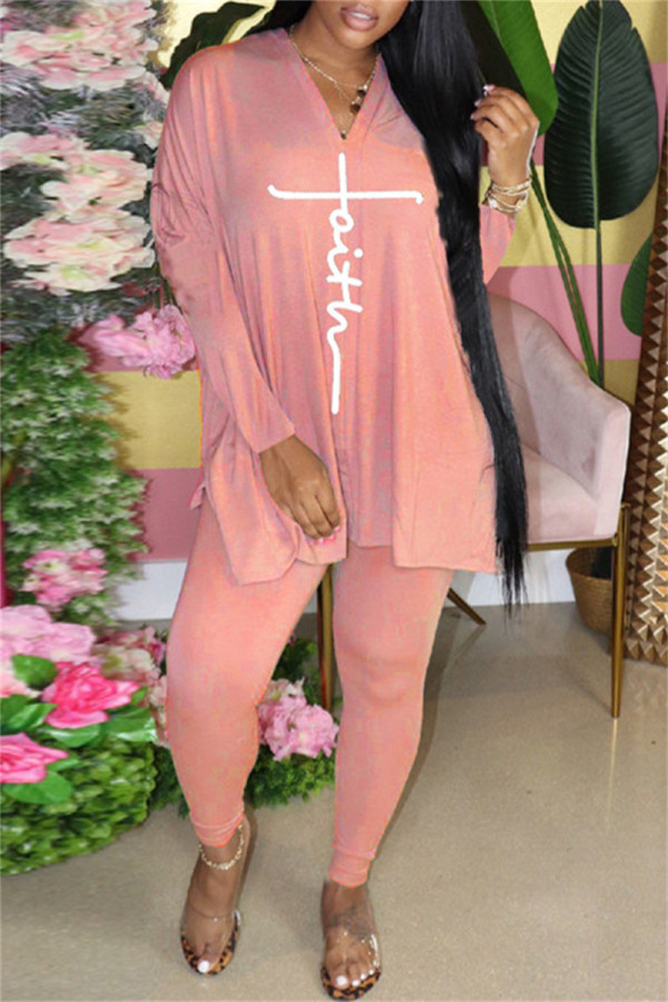 Pink Fashion Casual Print Slit V Neck Long Sleeve Two Pieces