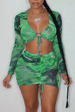 Blue Sexy Print Patchwork Frenulum Fold V Neck Long Sleeve Two Pieces