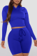 Blue Casual Solid Patchwork Hooded Collar Long Sleeve Two Pieces