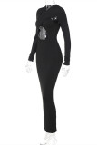 Black Fashion Sexy Solid Hollowed Out V Neck Long Sleeve Dresses