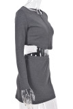 Grey Sexy Solid Split Joint Asymmetrical Zipper O Neck Long Sleeve Two Pieces