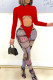 Red Sexy Print Hollowed Out Patchwork O Neck Long Sleeve Two Pieces