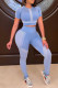 Blue Casual Sportswear Print Patchwork O Neck Short Sleeve Two Pieces