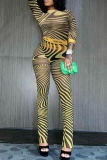 Yellow Sexy Print Patchwork O Neck Long Sleeve Two Pieces