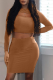 Dark Brown Sexy Solid Hollowed Out O Neck Long Sleeve Two Pieces