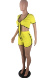 Yellow Sexy Solid Bandage V Neck Short Sleeve Two Pieces