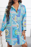 Blue Casual Print Patchwork Turndown Collar Shirt Dress Dresses