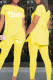 Yellow Casual Letter Print Patchwork Asymmetrical O Neck Short Sleeve Two Pieces