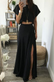 Black Fashion Casual Solid Patchwork O Neck Short Sleeve Two Pieces