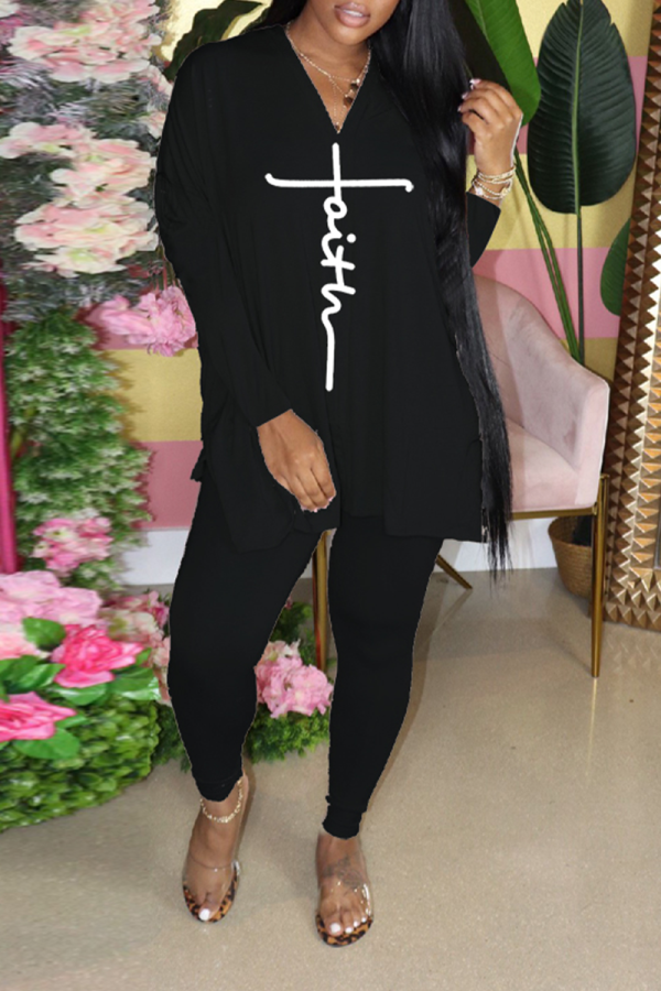 Black Casual Print Patchwork O Neck Long Sleeve Two Pieces