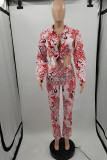 Red Fashion Casual Print Basic Turndown Collar Long Sleeve Two Pieces
