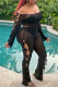 Black Solid Bandage See-through Off the Shoulder Long Sleeve Two PiecesPre-sale