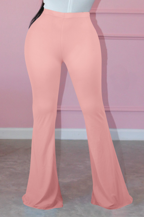 Pink Casual Solid Patchwork Boot Cut Mid Waist Speaker Solid Color Bottoms
