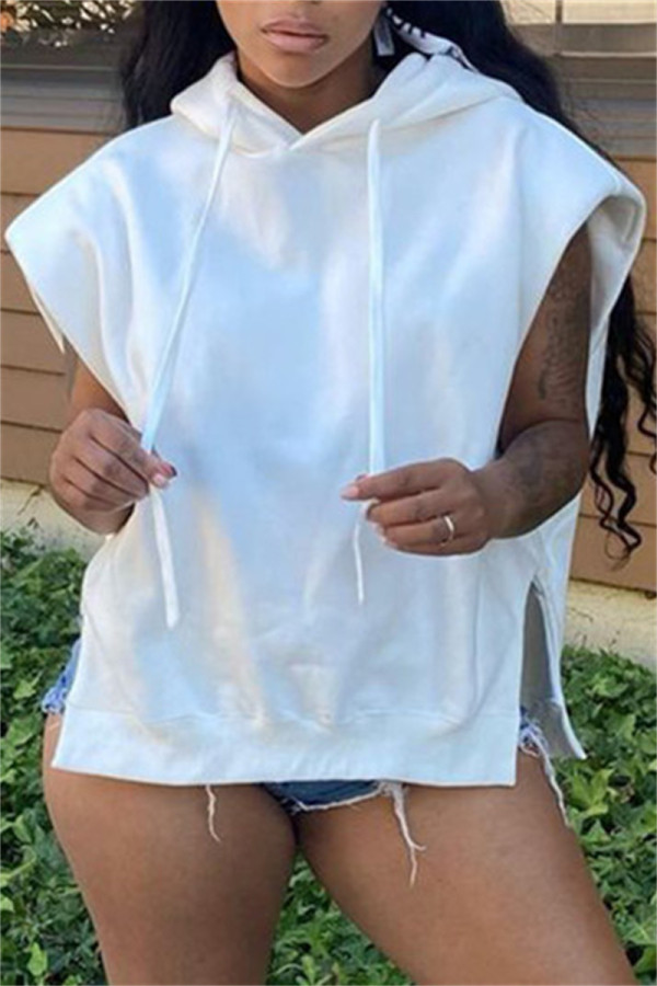 White Fashion Casual Solid Basic Hooded Collar Tops