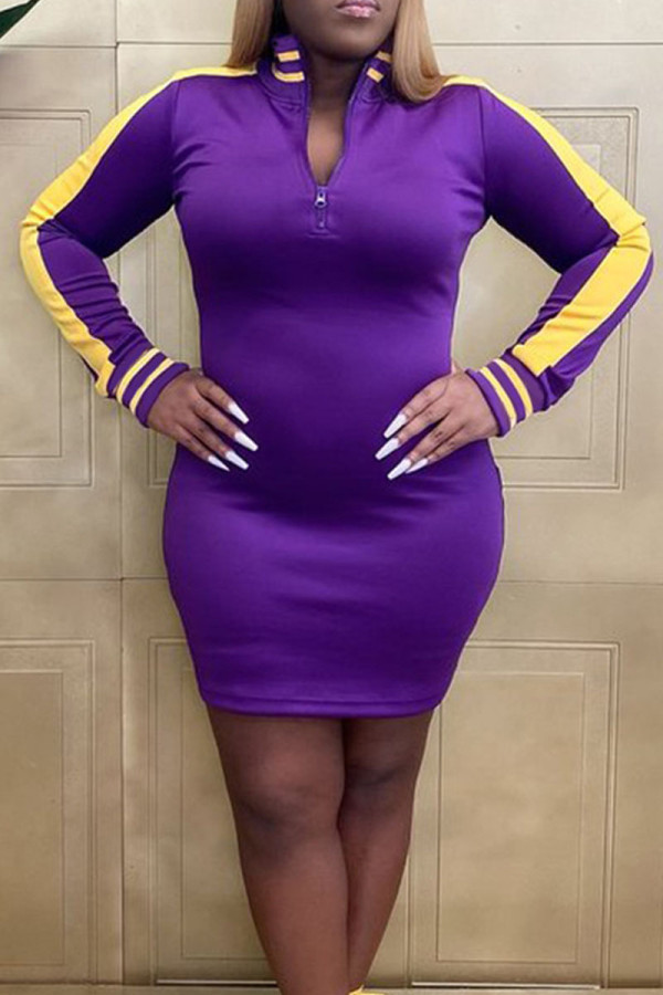 Purple Casual Solid Patchwork Zipper Collar Straight Dresses