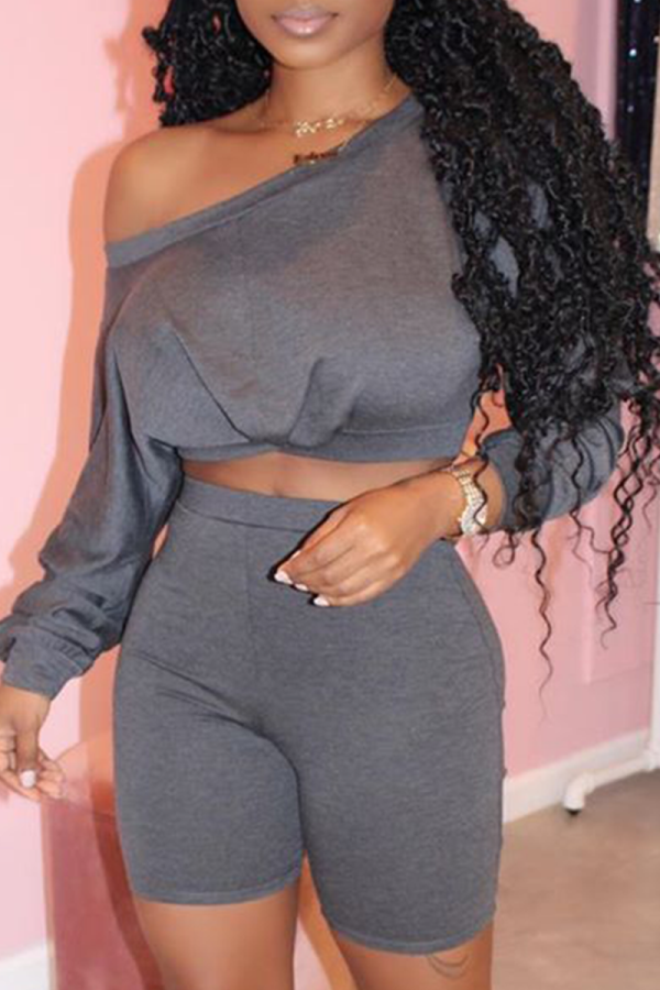 Grey Casual Solid Patchwork One Shoulder Long Sleeve Two Pieces