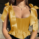 Yellow Sexy Solid Bandage Patchwork Flounce Bustiers