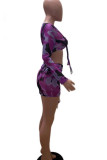Blue Sexy Print Patchwork Frenulum Fold V Neck Long Sleeve Two Pieces
