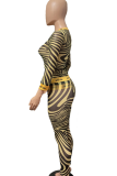 Yellow Sexy Print Patchwork O Neck Long Sleeve Two Pieces