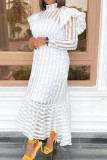 White Sweet Striped Print Split Joint Flounce Asymmetrical Half A Turtleneck Long Sleeve Dresses