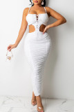 White Sexy Solid Hollowed Out Patchwork Frenulum Fold Zipper Spaghetti Strap Sling Dress Dresses