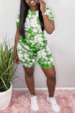 Blue Casual Patchwork Tie-dye O Neck Short Sleeve Two Pieces