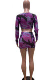 Blue Sexy Print Patchwork Frenulum Fold V Neck Long Sleeve Two Pieces