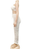 White Sexy Solid Hollowed Out Patchwork Frenulum Fold Zipper Spaghetti Strap Sling Dress Dresses