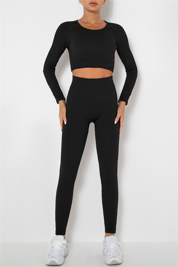 Black Casual Sportswear Solid Basic O Neck Long Sleeve Two Pieces