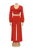 Red Fashion Casual Solid Bandage V Neck Long Sleeve Two Pieces