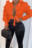 Orange Casual Street Solid Patchwork Buckle Flounce Asymmetrical Turndown Collar Tops