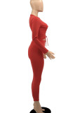Red Casual Solid Patchwork Frenulum O Neck Long Sleeve Two Pieces