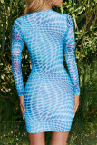 Blue Sexy Street Print Patchwork Frenulum O Neck Pencil Skirt Dresses