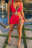 Rose Red Sexy Solid Bandage Spaghetti Strap Sleeveless Two Pieces