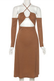 Brown Sexy Solid Bandage Hollowed Out Backless Strapless Long Sleeve Dresses