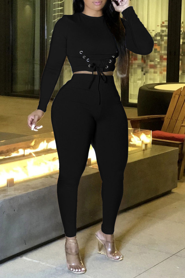 Black Casual Solid Patchwork Frenulum O Neck Long Sleeve Two Pieces