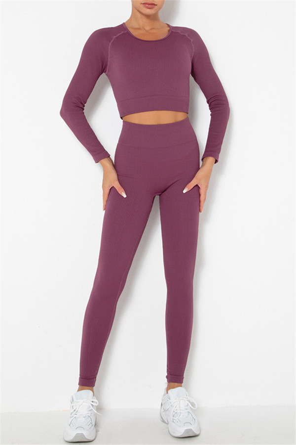 Fuchsia Casual Sportswear Solid Basic O Neck Long Sleeve Two Pieces