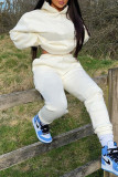 Cream White Fashion Casual Solid Basic Hooded Collar Long Sleeve Two Pieces