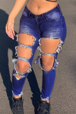 Baby Blue Casual Print Ripped Mid Waist Skinny Denim Jeans