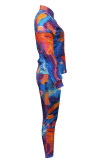 Blue Orange Fashion Casual Print Patchwork Turndown Collar Long Sleeve Two Pieces