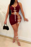 Tangerine Red Sexy Solid Hollowed Out U Neck Sleeveless Two Pieces