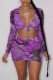 Purple Sexy Print Patchwork Frenulum Fold V Neck Long Sleeve Two Pieces