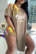 Khaki Fashion Casual Letter Print Slit V Neck Short Sleeve Two Pieces