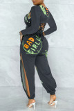 Dark Gray Sexy Letter Print Hollowed Out Patchwork Zipper Zipper Collar Long Sleeve Three Pieces
