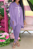 Pink Fashion Casual Print Slit V Neck Long Sleeve Two Pieces