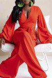 Red Fashion Casual Solid Bandage V Neck Long Sleeve Two Pieces